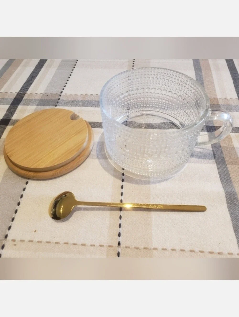 14oz. Vintage Style Glass Coffee Mug with Golden Spoon and Bamboo Lid
